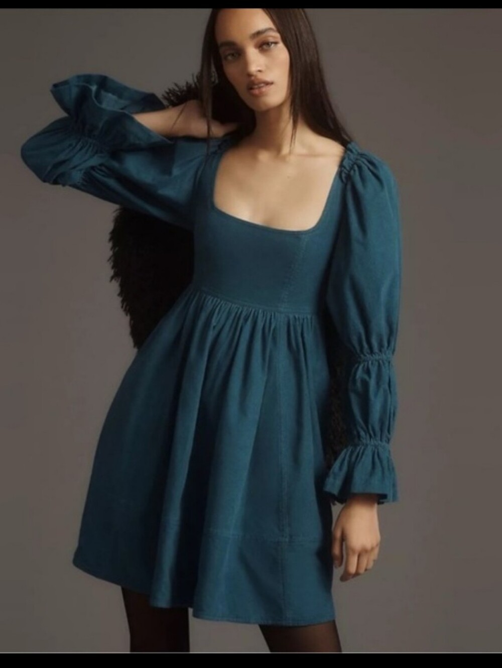 Pilcro Teal Square Neck Corduroy Baby Doll Dress Sm Milkmaid Renfaire Coquette